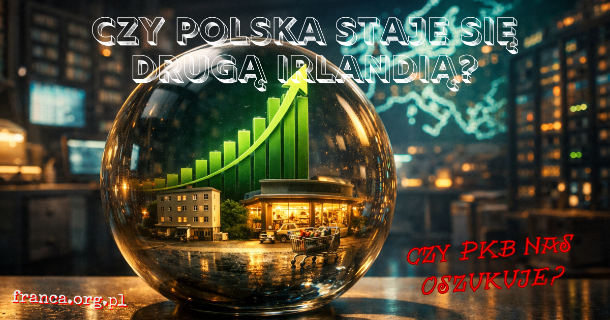 Fotorealistyczna sala statystyczna, w której ogromny zielony wykres PKB odbija się w lustrze jako dużo skromniejsza codzienna scena zakupów i mieszkań.