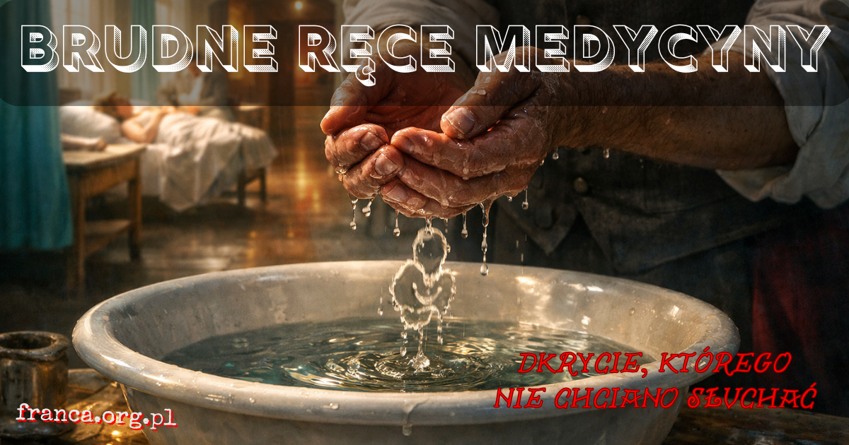 XIX-wieczny lekarz stoi między prosektorium a oddziałem położniczym, a mokre dłonie stają się symbolem granicy między zakażeniem a ocaleniem.