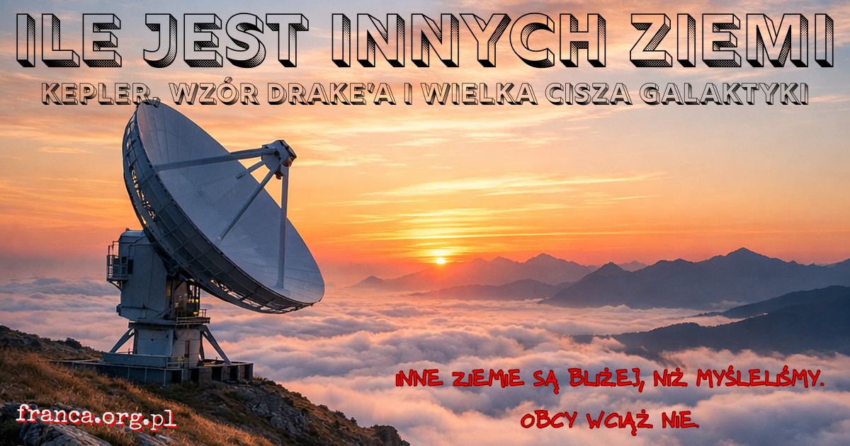 Fotorealistyczna ilustracja nocnego nieba z radioteleskopem i kilkoma odległymi planetami, symbolizująca pytanie o częstość innych Ziemi i ciszę kosmosu.