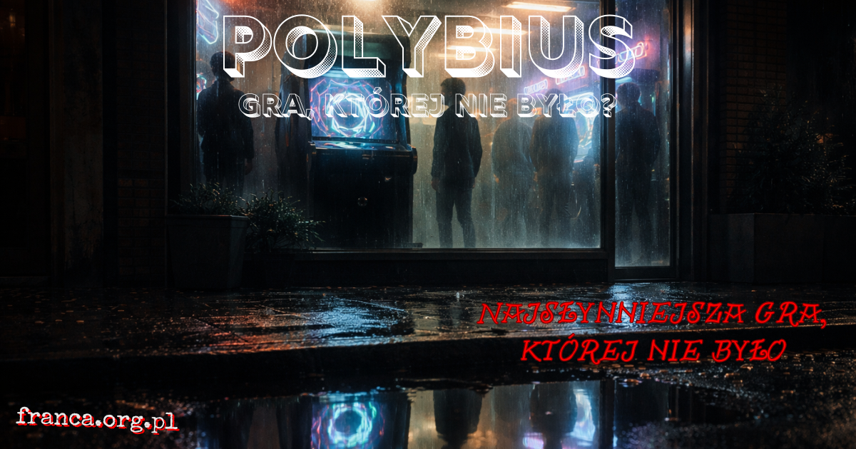 Fotorealistyczny czarny automat arcade w pustym salonie z lat 80., na ekranie świecąca abstrakcyjna geometria i subtelny efekt niepokoju.