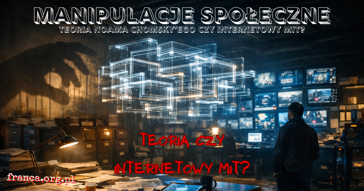 Pozioma, fotorealistyczna scena przypominająca newsroom i archiwum jednocześnie, z ekranami, gazetami i cieniem układającym się w kształt dłoni sterującej światłem.