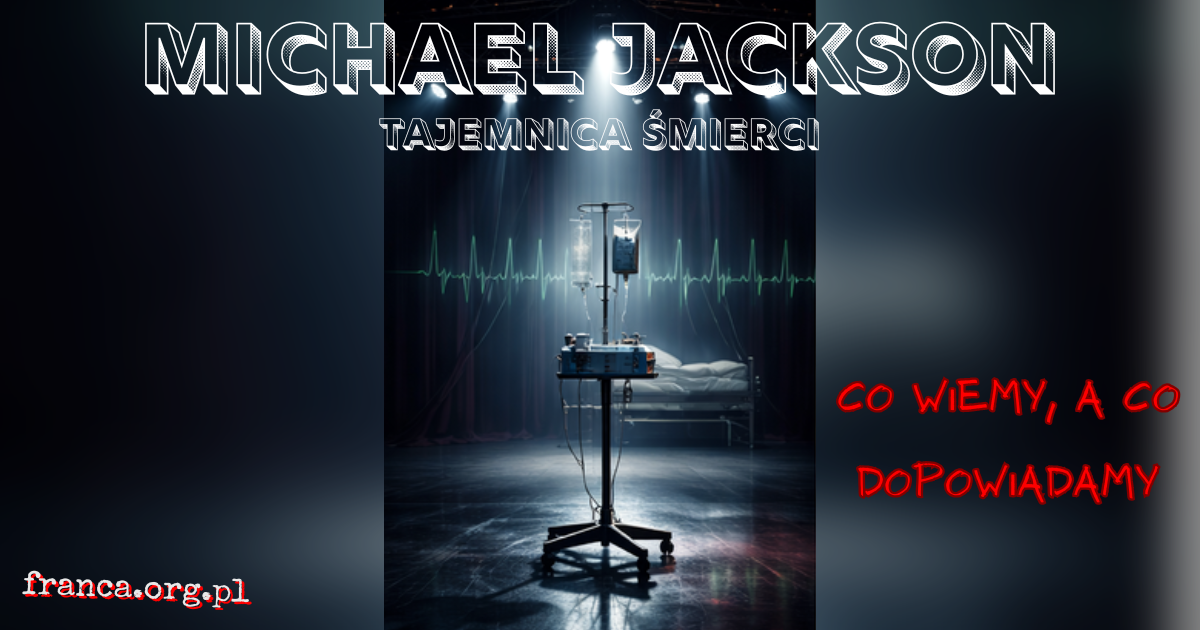 Surrealistyczno-realistyczna ilustracja pustej sypialni i wygaszonej sceny koncertowej, połączonych jedną osią światła; obok kroplówka i symboliczna biała rękawiczka bez pokazywania twarzy żadnej osoby.