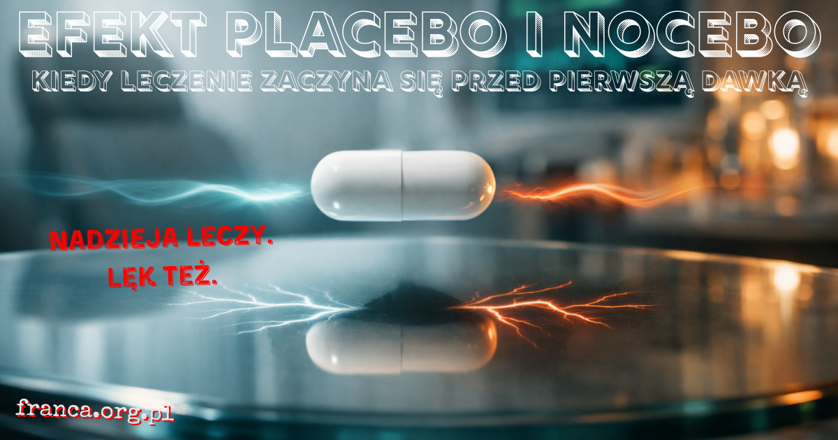 Fotorealistyczna scena gabinetu i laboratorium w jednym kadrze: neutralna kapsułka unosi się nad stołem, a jej cień rozdziela się na dwa sygnały przypominające ulgę i zagrożenie.