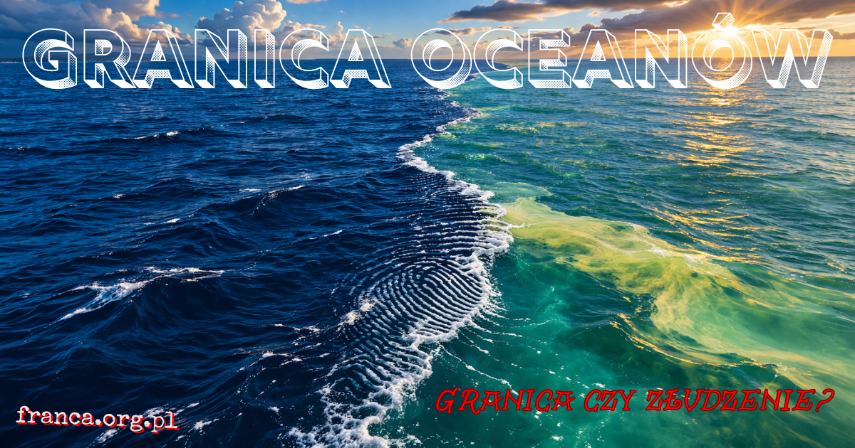 Szeroki kadr nad morzem z wyraźną linią podziału między jaśniejszą i ciemniejszą masą wody.