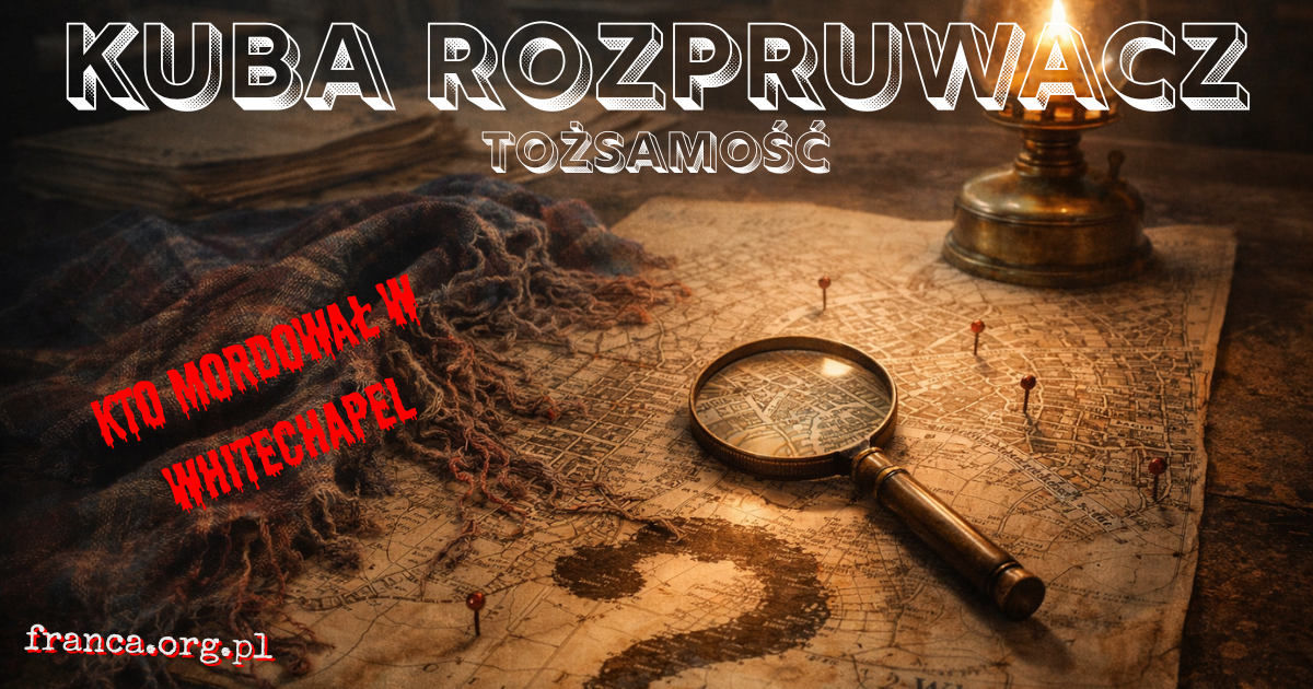 Nocne Whitechapel w surrealistycznym realizmie: mokry bruk, gazowe latarnie, archiwalny list unoszący się nad ulicą i cień układający się w pytajnik.